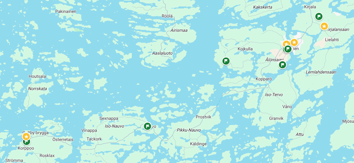Ruotsinkieliset koulut vihreällä, suomenkieliset keltaisella
